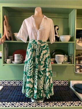 Trashy Diva 1940s style Green and Cream Botanist A-Line Midi Skirt Size 12